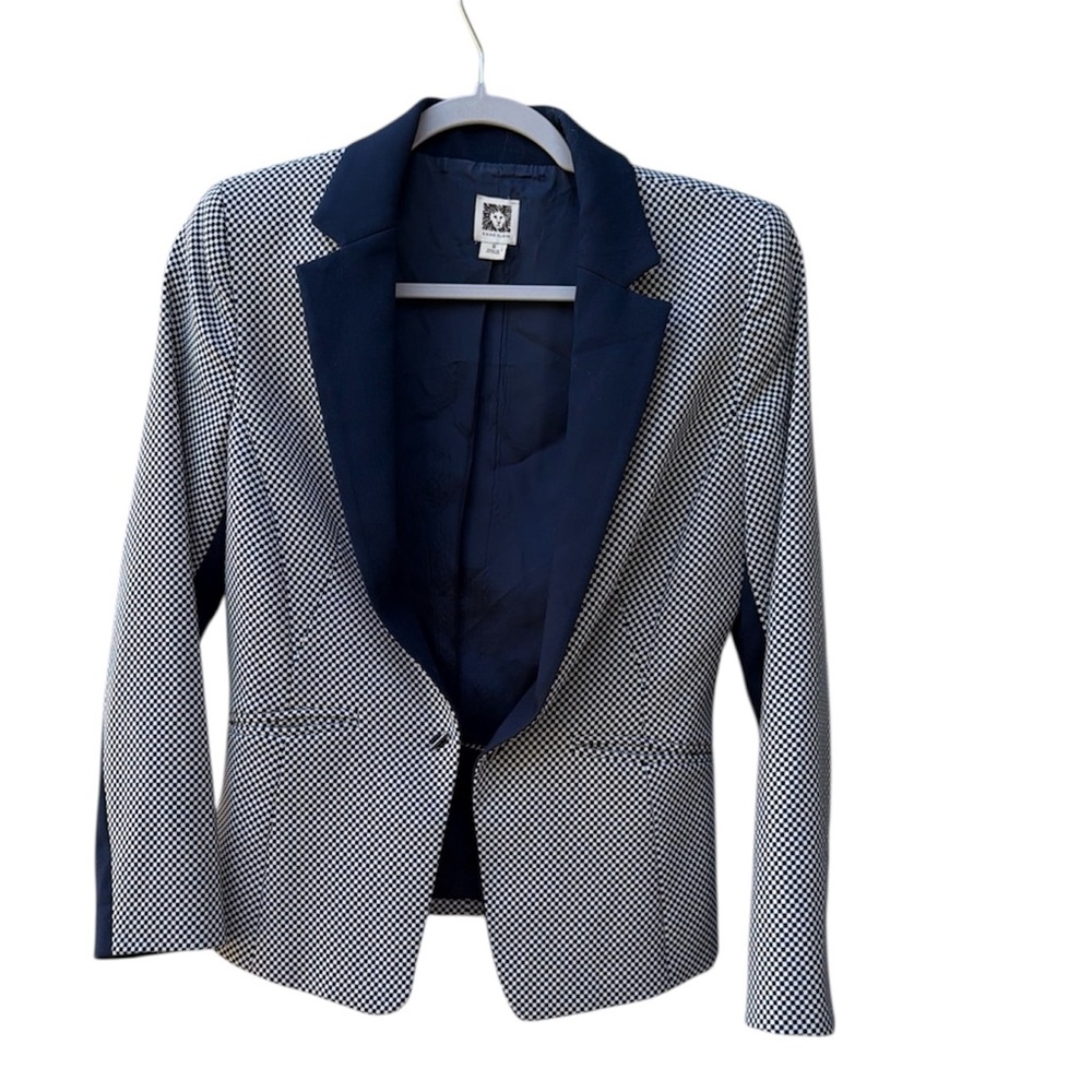 Anne Klein Navy Blue/white Single Great Checkered Pockets Lined Blazer WM  SZ 6